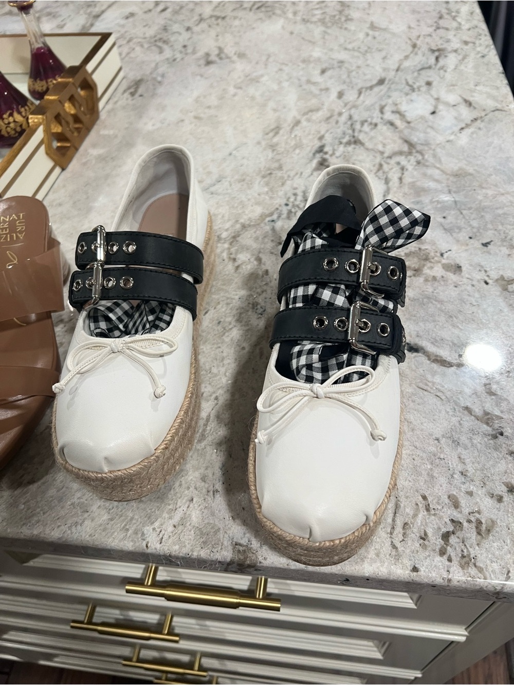 Miu Miu White Espadrille Platform Sneakers with Black Straps and Gingham